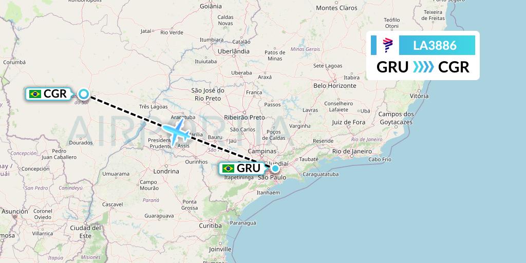 LA3886 LAN Airlines Flight Map: Sao Paulo to Campo Grande