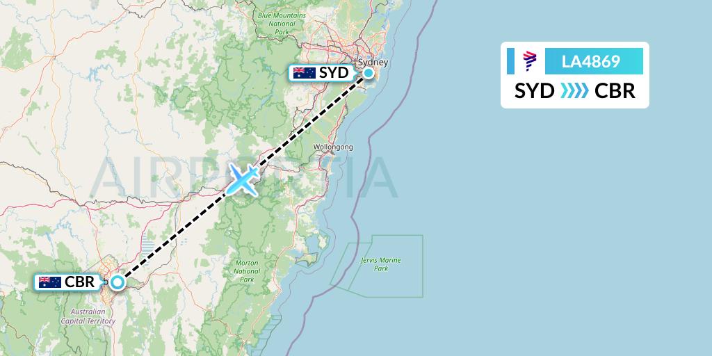 LA4869 LAN Airlines Flight Map: Sydney to Canberra