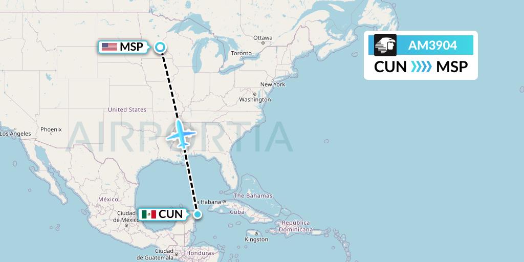 AM3904 Aeromexico Flight Map: Cancun to Minneapolis