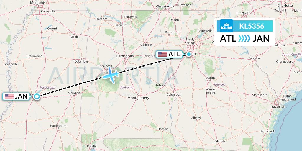 KL5356 KLM Flight Map: Atlanta to Jackson