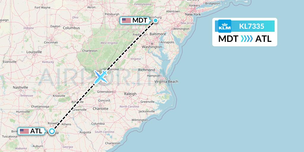 KL7335 KLM Flight Map: Harrisburg to Atlanta