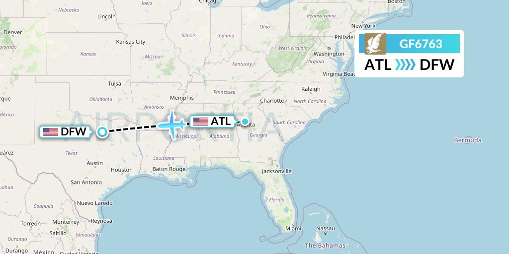 GF6763 Gulf Air Flight Map: Atlanta to Dallas