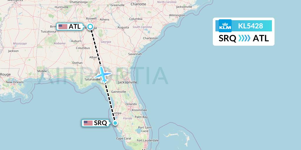 KL5428 KLM Flight Map: Sarasota to Atlanta