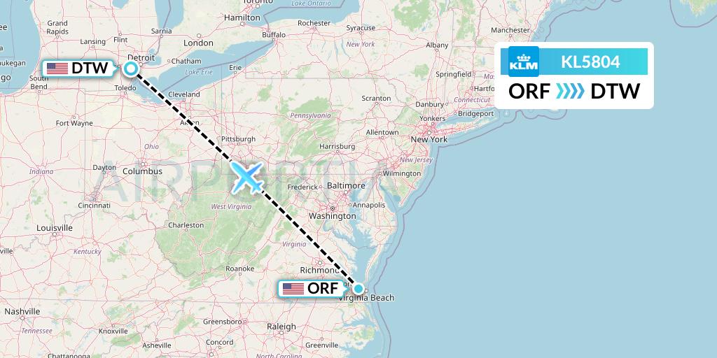 KL5804 KLM Flight Map: Norfolk to Detroit
