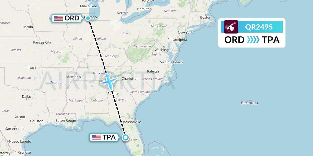 QR2495 Qatar Airways Flight Map: Chicago to Tampa