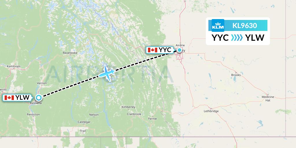 KL9630 KLM Flight Map: Calgary to Kelowna