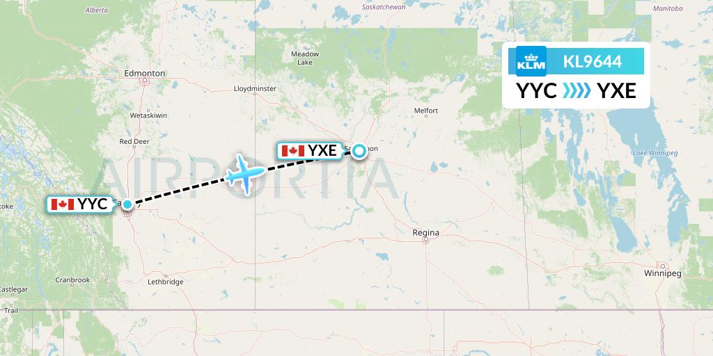 KL9644 KLM Flight Map: Calgary to Saskatoon
