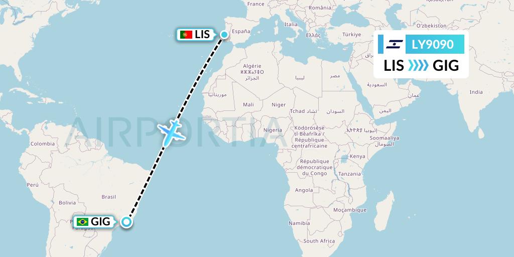 LY9090 El Al Flight Map: Lisbon to Rio de Janeiro