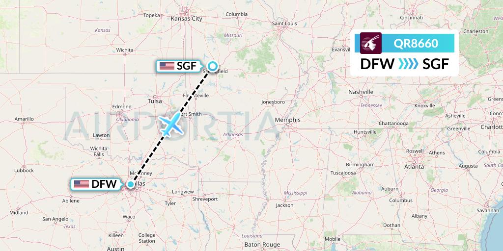 QR8660 Qatar Airways Flight Map: Dallas to Springfield