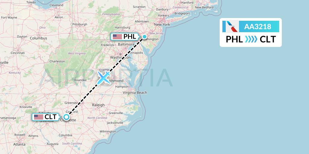 AA3218 American Airlines Flight Map: Philadelphia to Charlotte