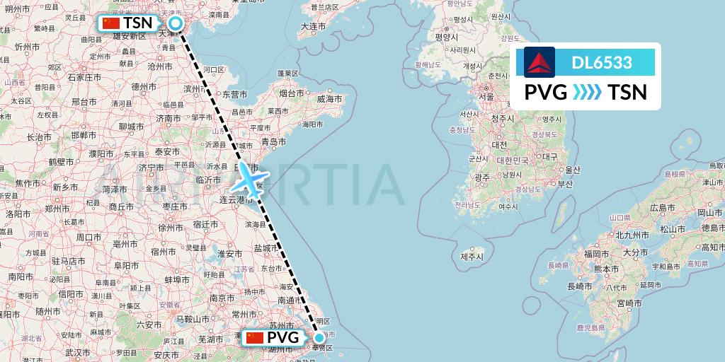 DL6533 Delta Air Lines Flight Map: Shanghai to Tianjin