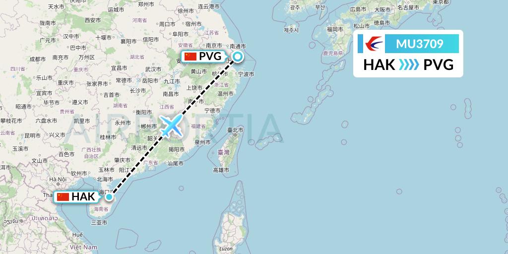 MU3709 China Eastern Airlines Flight Map: Haikou to Shanghai