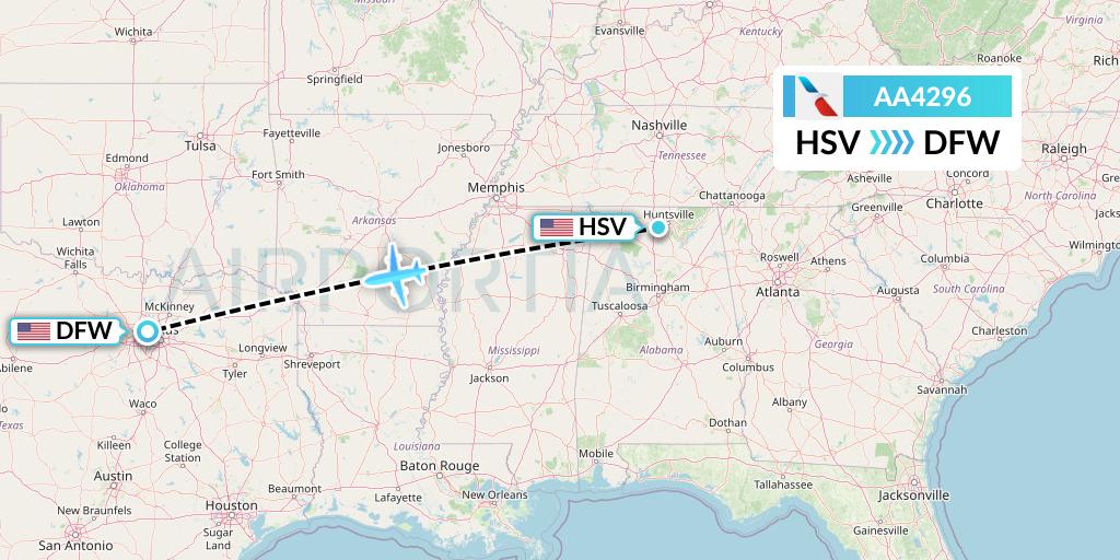 AA4296 American Airlines Flight Map: Huntsville to Dallas