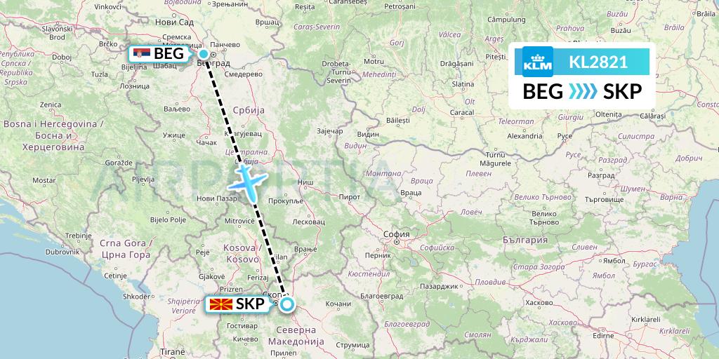 KL2821 KLM Flight Map: Belgrade to Skopje