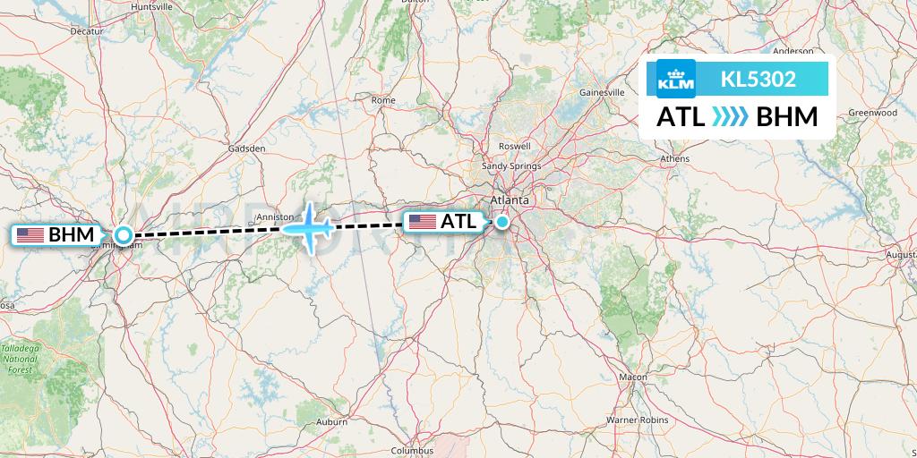 KL5302 KLM Flight Map: Atlanta to Birmingham