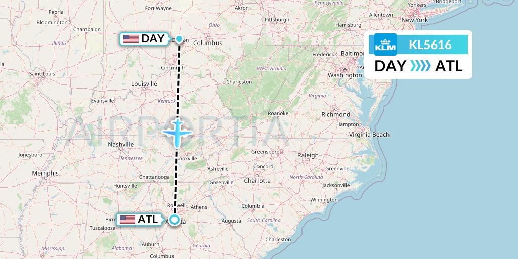 KL5616 KLM Flight Map: Dayton to Atlanta