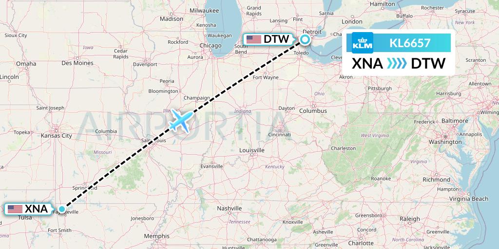 KL6657 KLM Flight Map: Bentonville to Detroit