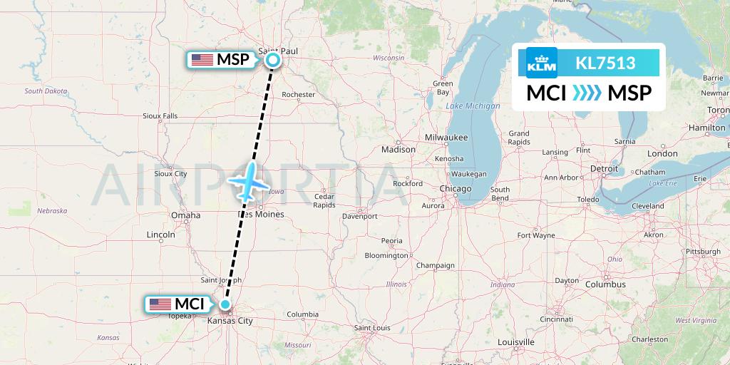 KL7513 KLM Flight Map: Kansas City to Minneapolis
