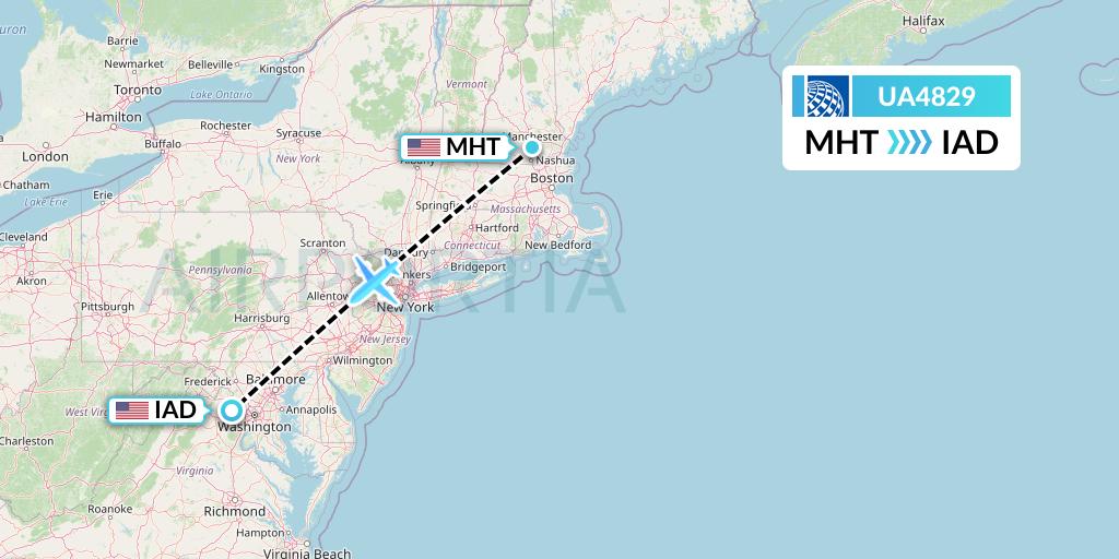 UA4829 United Airlines Flight Map: Manchester to Washington