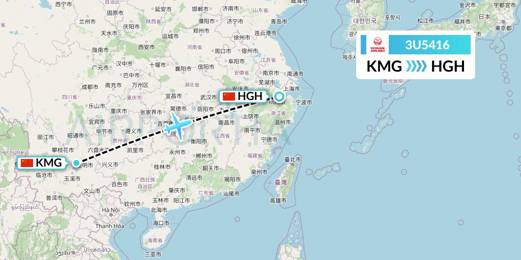 3U5416 Sichuan Airlines Flight Map: Kunming to Hangzhou