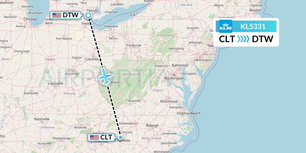KL5331 KLM Flight Map: Charlotte to Detroit