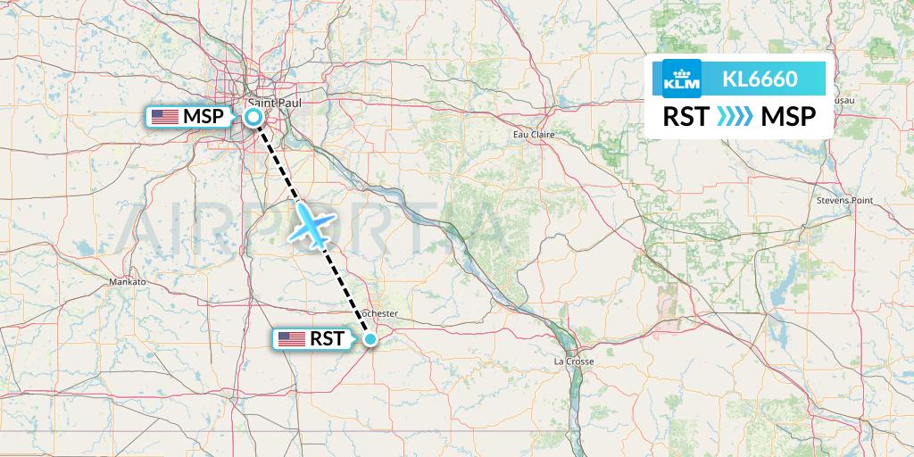 KL6660 KLM Flight Map: Rochester to Minneapolis