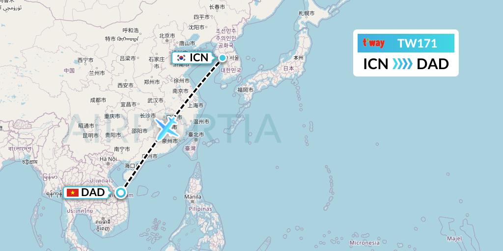 TW171 T'way Air Flight Map: Seoul to Da Nang