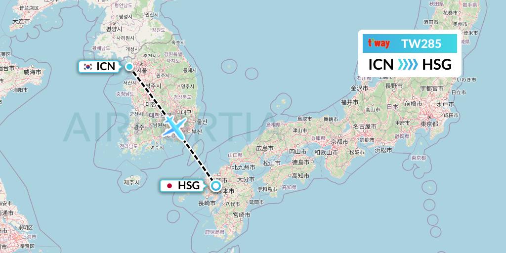 TW285 T'way Air Flight Map: Seoul to Saga