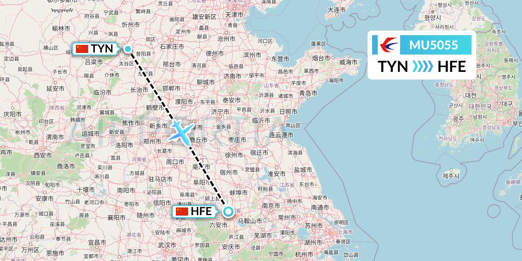 MU5055 China Eastern Airlines Flight Map: Taiyuan to Hefei
