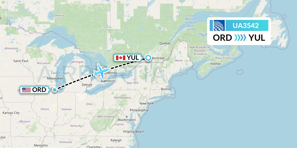 UA3542 United Airlines Flight Map: Chicago to Montreal