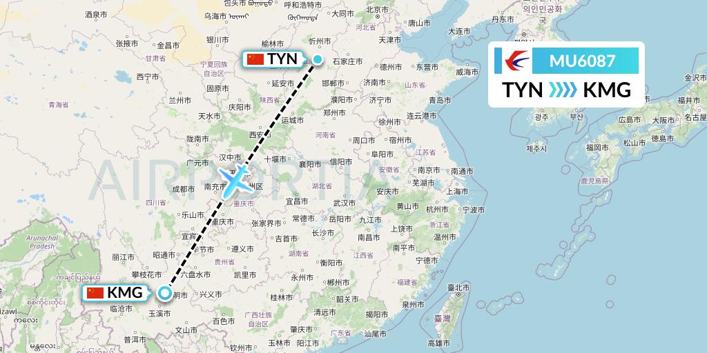 MU6087 China Eastern Airlines Flight Map: Taiyuan to Kunming
