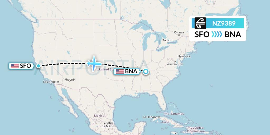 NZ9389 Air New Zealand Flight Map: San Francisco to Nashville