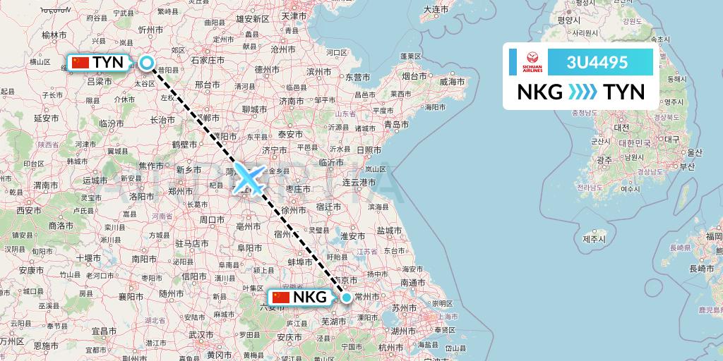 3U4495 Sichuan Airlines Flight Map: Nanjing to Taiyuan