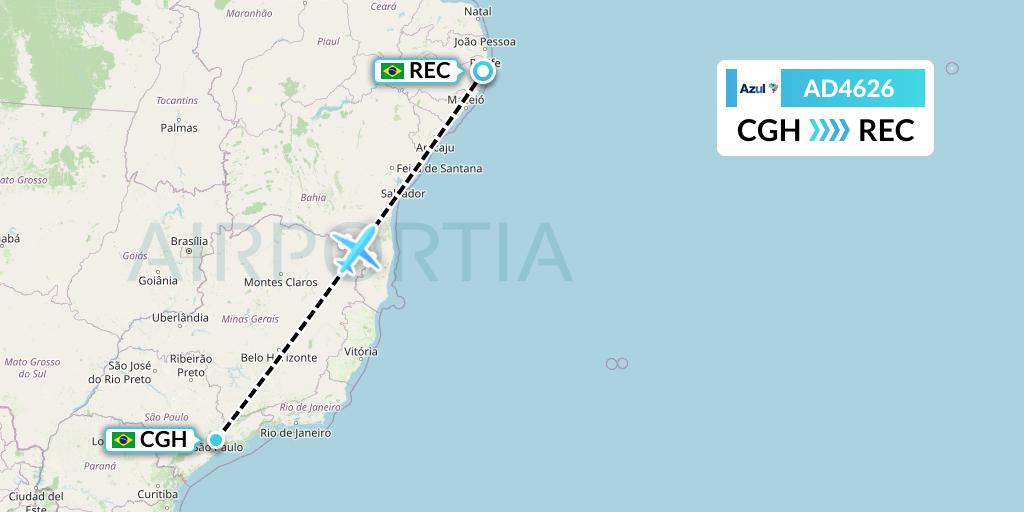 AD4626 Azul Brazilian Airlines Flight Map: Sao Paulo to Recife