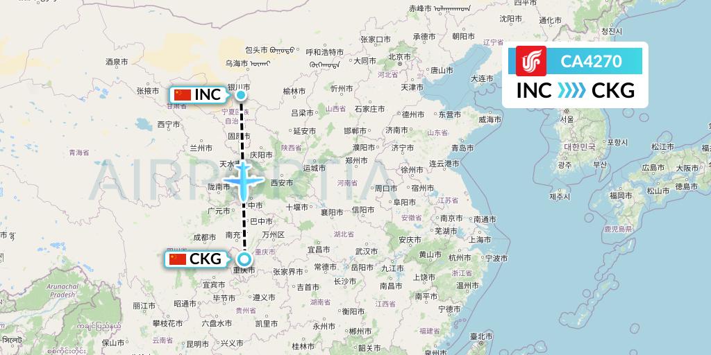 CA4270 Air China Flight Map: Yinchuan to Chongqing
