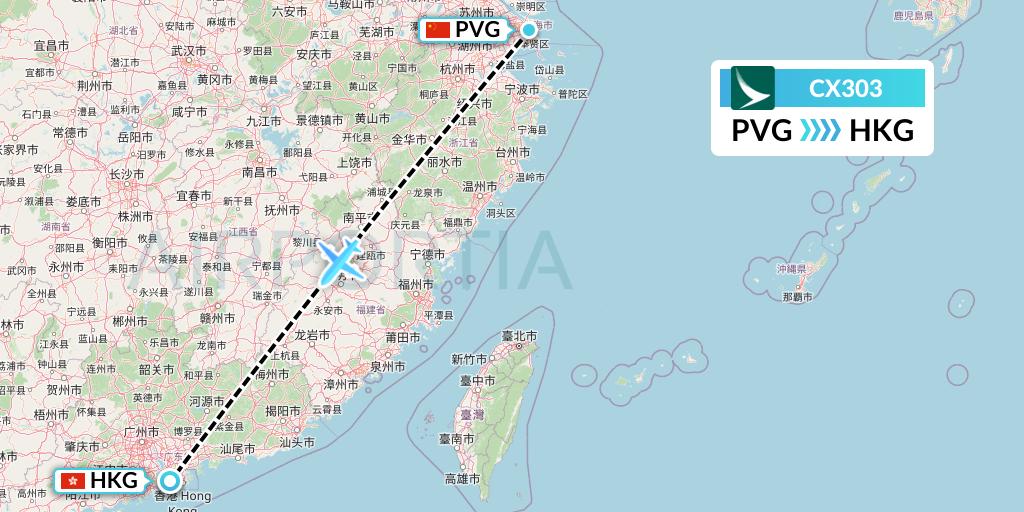 CX303 Cathay Pacific Flight Map: Shanghai to Hong Kong