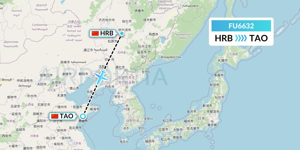 FU6632 Fuzhou Airlines Flight Map: Harbin to Qingdao