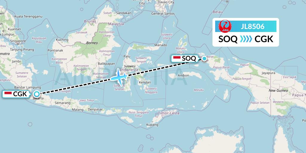 JL8506 Japan Airlines Flight Map: Sorong to Jakarta