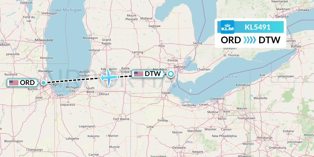 KL5491 KLM Flight Map: Chicago to Detroit