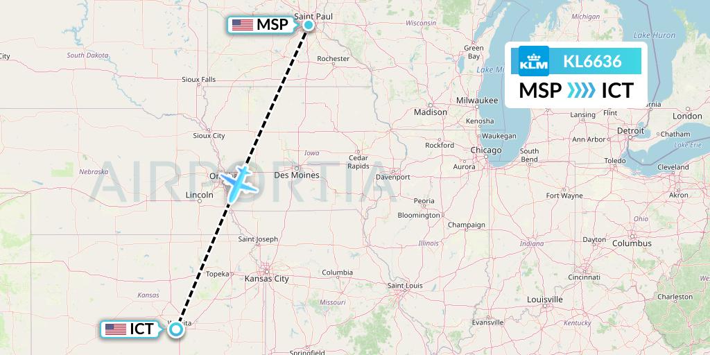 KL6636 KLM Flight Map: Minneapolis to Wichita