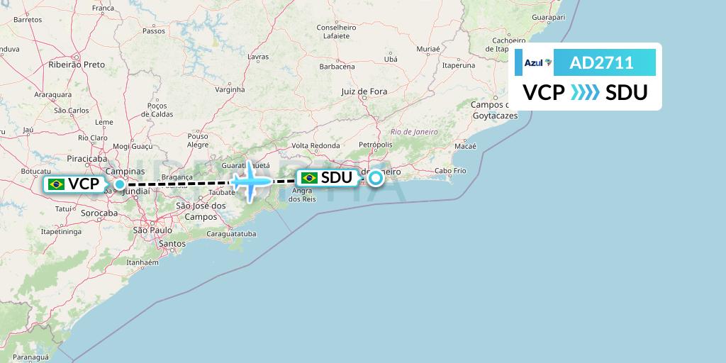 AD2711 Azul Brazilian Airlines Flight Map: Campinas to Rio de Janeiro