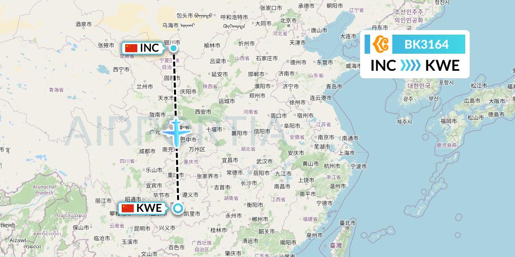 BK3164 Okay Airways Flight Map: Yinchuan to Guiyang