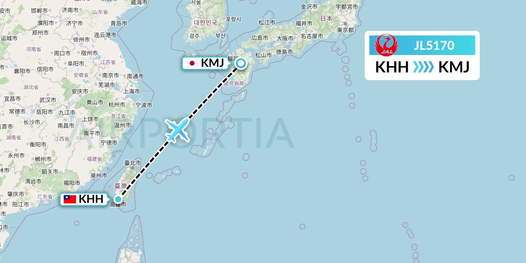 JL5170 Japan Airlines Flight Map: Kaohsiung to Kumamoto