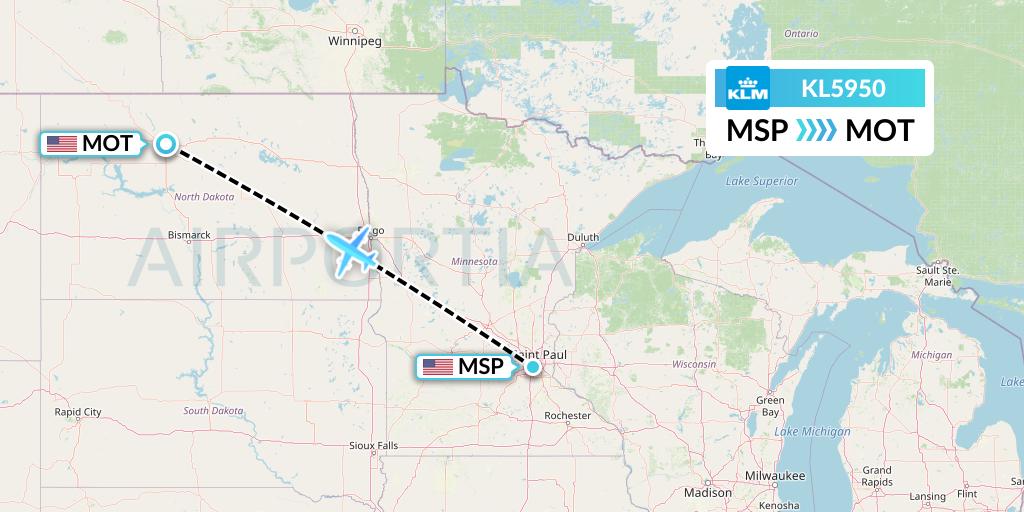 KL5950 KLM Flight Map: Minneapolis to Minot
