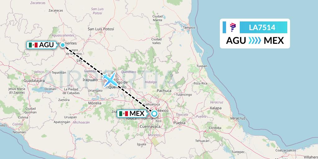 LA7514 LAN Airlines Flight Map: Aguascalientes to Mexico City