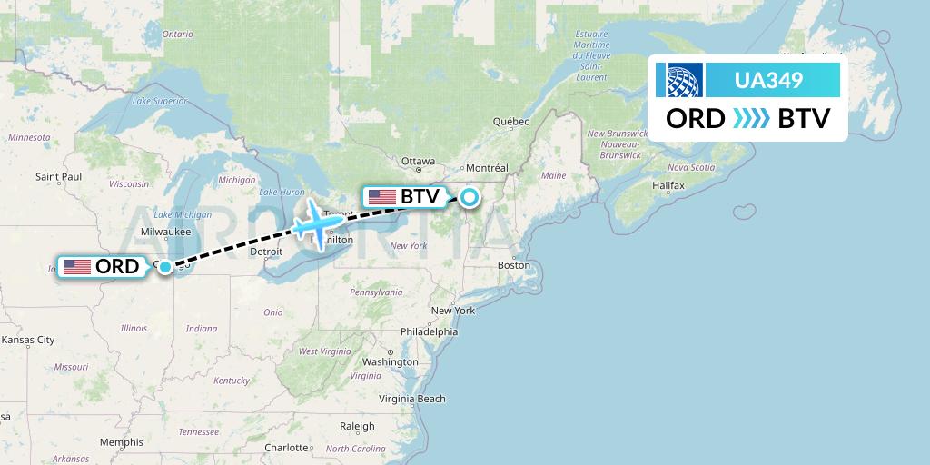 UA349 United Airlines Flight Map: Chicago to Burlington