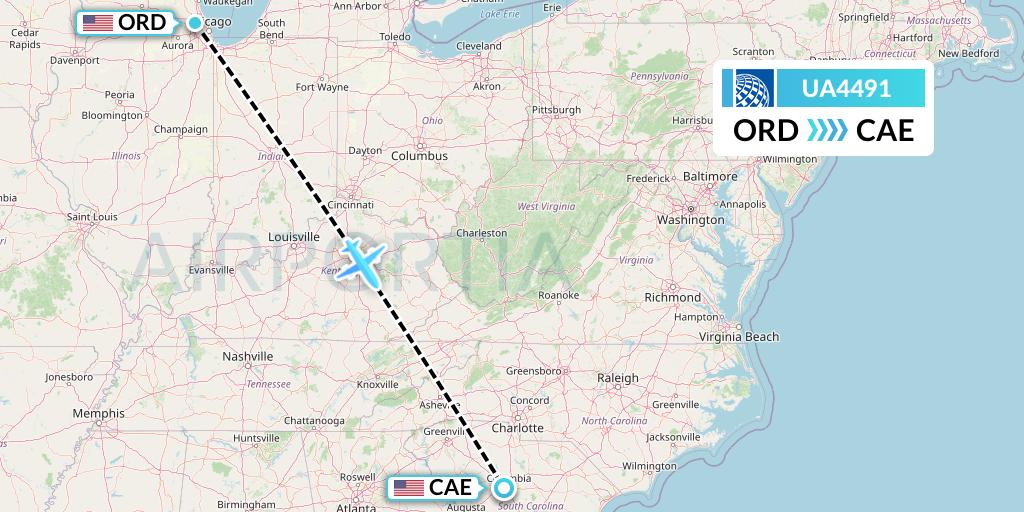 UA4491 United Airlines Flight Map: Chicago to Columbia