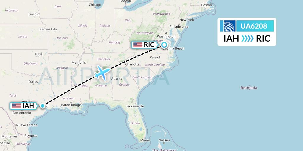 UA6208 United Airlines Flight Map: Houston to Richmond