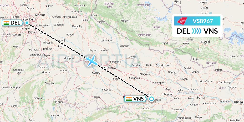 VS8967 Virgin Atlantic Airways Flight Map: Delhi to Varanasi