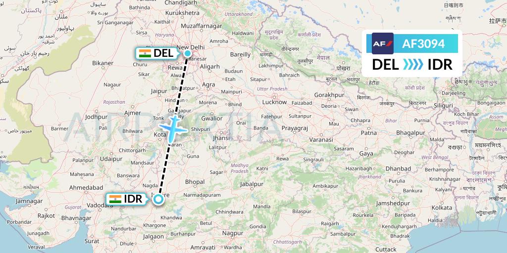 AF3094 Air France Flight Map: Delhi to Indore